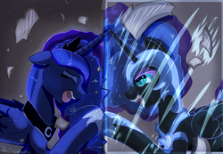 Size: 1024x708 | Tagged: safe, artist:scatteredlove, nightmare moon, princess luna, g4, duality