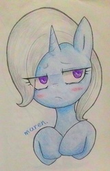 Size: 900x1395 | Tagged: safe, artist:maren, trixie, pony, unicorn, g4, blushing, female, mare, solo, traditional art