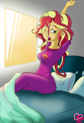 Size: 1000x1451 | Tagged: dead source, safe, artist:burnt-sprinkles, sunset shimmer, equestria girls, g4, bed, clothes, female, pajamas, solo, waking up