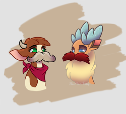 Size: 880x800 | Tagged: safe, artist:alorix, arizona (tfh), velvet (tfh), cow, deer, reindeer, them's fightin' herds, bandana, cloven hooves, community related, confused, eye contact, female, lesbian, lidded eyes, looking at each other, moustache, no pupils, raised eyebrow, shipping, velvezona, velvezona daily