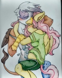 Size: 1440x1818 | Tagged: safe, artist:spark-theory, fluttershy, gilda, griffon, anthro, g4, belly button, clothes, female, gildashy, lesbian, magical lesbian spawn, off shoulder, offspring, preggoshy, pregnant, shipping, traditional art