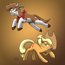 Size: 6695x6695 | Tagged: safe, artist:corsairsedge, applejack, arizona (tfh), cow, earth pony, pony, them's fightin' herds, g4, absurd resolution, bandana, cloven hooves, community related, cowboy hat, crossover, female, gradient background, hat, jumping, mare