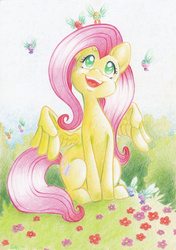 Size: 2448x3480 | Tagged: safe, artist:tiitcha, fluttershy, parasprite, pegasus, pony, g4, bush, cute, female, flower, high res, looking at something, looking up, mare, open mouth, open smile, outdoors, shyabetes, sitting, smiling, solo, spread wings, traditional art, wings