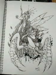 Size: 3120x4160 | Tagged: safe, artist:begasus, nightmare moon, queen chrysalis, alicorn, changeling, changeling queen, pony, g4, duo, female, grayscale, hybrid wings, lesbian, mare, monochrome, ship:chrysmoon, shipping, traditional art