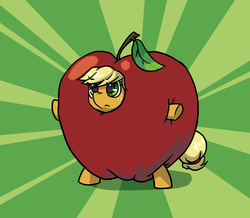 Size: 2551x2222 | Tagged: safe, artist:hunternif, applejack, earth pony, pony, g4, apple, applejack becoming an apple, high res, solo, sunburst background, super powers, that pony sure does love apples, this isn't even my final form, transformation, wat