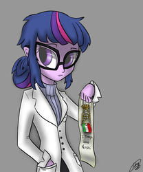 Size: 816x979 | Tagged: safe, artist:xxmarkingxx, sci-twi, twilight sparkle, equestria girls, g4, clothes, coat, cover, crossover, crosstime traffic, female, glasses, italian, parchment, solo