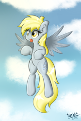 Size: 2000x3000 | Tagged: safe, artist:fezcake, derpy hooves, pegasus, pony, g4, female, high res, mare, sky, solo, tongue out