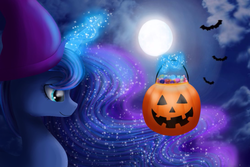 Size: 1500x1000 | Tagged: safe, artist:chanceyb, princess luna, alicorn, bat, pony, g4, candy, female, halloween, hat, holiday, jack-o-lantern, magic, moon, night, pumpkin bucket, solo, telekinesis, wizard hat