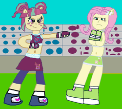 Size: 857x763 | Tagged: safe, artist:shafty817, fluttershy, sour sweet, equestria girls, g4, my little pony equestria girls: friendship games, spoiler:the accompanied, belly button, boxing, canterlot high, clothes, crystal prep academy, crystal prep shadowbolts, exeron fighters, fight, midriff, sports bra, wondercolts