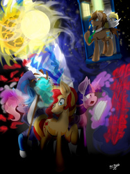 Size: 1280x1711 | Tagged: safe, artist:shard-of-life, derpy hooves, doctor whooves, sunset shimmer, time turner, trixie, twilight sparkle, alicorn, earth pony, pegasus, pony, unicorn, g4, book, magic, sonic screwdriver, staff, tardis, the doctor, twilight sparkle (alicorn)