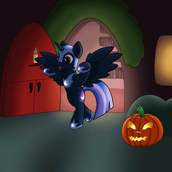 Size: 1600x1600 | Tagged: safe, artist:redquoz, nightmare moon, twilight sparkle, alicorn, pony, g4, bipedal, clothes, costume, female, jack-o-lantern, mare, nightmare night, solo, spread wings, tongue out, twilight sparkle (alicorn)