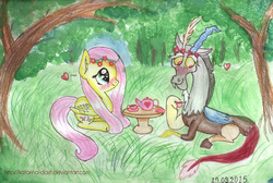 Size: 1024x688 | Tagged: safe, artist:katarina-dash, discord, fluttershy, g4, female, male, outdoors, ship:discoshy, shipping, straight, tea party, traditional art