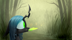 Size: 1920x1080 | Tagged: safe, artist:underpable, queen chrysalis, changeling, changeling queen, firefly (insect), g4, eating, female, floppy ears, nom, solo, swamp