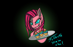 Size: 1280x820 | Tagged: safe, artist:foldeath, pinkie pie, earth pony, pony, g4, 30 minute art challenge, cupcake, female, pinkamena diane pie, rainbow cupcake, solo, tray