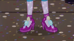 Size: 1920x1080 | Tagged: safe, screencap, pinkie pie, equestria girls, g4, my little pony equestria girls: friendship games, clothes, confetti, discovery family, discovery family logo, high heels, legs, pictures of legs, shoes
