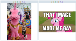 Size: 514x277 | Tagged: safe, pinkie pie, princess cadance, human, derpibooru, g4, cadancepie, derp, exploitable meme, female, gay, image macro, infidelity, irl, irl human, juxtaposition, juxtaposition win, lesbian, male, meme, meta, photo, quadsuit, shipping, sweat