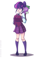 Size: 2952x4133 | Tagged: safe, artist:vesmirart, sci-twi, spike, spike the regular dog, twilight sparkle, dog, equestria girls, g4, my little pony equestria girls: friendship games, backpack, book, clothes, crystal prep academy, crystal prep academy uniform, crystal prep shadowbolts, duo, high res, human coloration, open mouth, school uniform, signature, skirt
