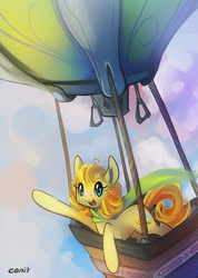 Size: 835x1173 | Tagged: safe, artist:cenit-v, oc, oc only, oc:chidey, earth pony, pony, blonde mane, blonde tail, clothes, cloud, female, happy, hot air balloon, looking at you, mare, open mouth, open smile, scarf, sky, smiling, smiling at you, solo, tail, waving, waving at you, yellow coat