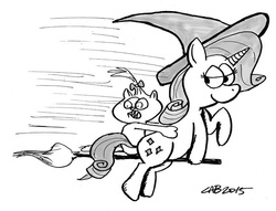 Size: 650x496 | Tagged: safe, artist:charlesbaker, opalescence, rarity, cat, pony, unicorn, g4, broom, female, flying, flying broomstick, grayscale, halloween, hat, lidded eyes, mare, monochrome, simple background, white background, witch, witch hat