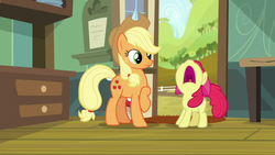 Size: 1280x720 | Tagged: safe, screencap, apple bloom, applejack, brotherhooves social, g4, nose in the air, open mouth, raised hoof, uvula, volumetric mouth