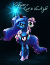 Size: 833x1078 | Tagged: safe, artist:t0xiceye, princess luna, sweetie belle, alicorn, pony, unicorn, empty darkness, g4, black background, cover art, dark, fanfic art, female, filly, frown, glowing horn, gradient background, horn, hug, lidded eyes, light, looking up, mare, ponies riding ponies, raised hoof, riding, sad, scared, simple background, text, walking, worried