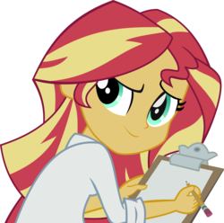 Size: 6001x5944 | Tagged: safe, artist:mlpcompilation, sunset shimmer, equestria girls, g4, my little pony equestria girls: friendship games, the science of magic, absurd resolution, clipboard, clothes, female, lab coat, looking back, paper, pencil, simple background, solo, sunset the science gal, transparent background, vector