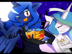 Size: 1600x1200 | Tagged: dead source, safe, artist:art-fany, princess celestia, princess luna, anthro, g4, bandage, candy, clothes, dress, fangs, halloween, wink