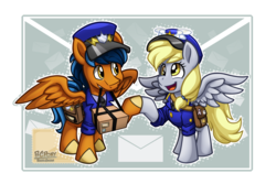 Size: 1314x876 | Tagged: safe, artist:bcpony, derpy hooves, oc, oc:lightning rider, pegasus, pony, g4, background pony, hoofbump, mailpony