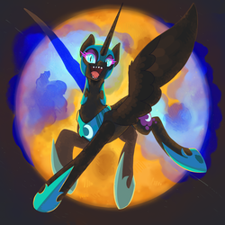 Size: 2000x2000 | Tagged: safe, artist:wynnchi, nightmare moon, g4, female, flying, high res, laughing, moon, open mouth, solo