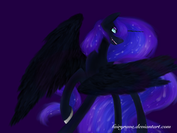 Size: 1280x960 | Tagged: safe, artist:fairyrave, nightmare moon, g4, female, raised hoof, smiling, solo, spread wings