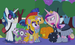 Size: 1200x720 | Tagged: safe, artist:dm29, flash sentry, princess cadance, shining armor, spike, twilight sparkle, alicorn, dragon, pony, unicorn, g4, scare master, athena sparkle, clothes, costume, episodes from the crystal empire, female, glasses, guitar, headphones, mace, male, mare, morning star, multiple heads, nightmare night, stallion, star vs the forces of evil, twilight sparkle (alicorn), two heads, two-headed dragon, unamused, vinyl's glasses, warrior cadance, weapon