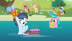 Size: 1280x720 | Tagged: safe, screencap, aquamarine, candy mane, nursery rhyme, shady daze, tag-a-long, twist, earth pony, pony, g4, the one where pinkie pie knows, birthday cake, boat, cake, candle, colt, female, filly, foal, hat, male, party hat, water