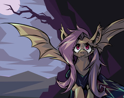 Size: 1008x800 | Tagged: safe, artist:tyuubatu, fluttershy, bat pony, pony, g4, fangs, female, flutterbat, solo