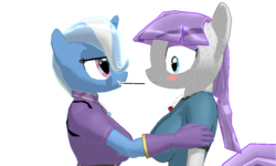 Size: 1280x768 | Tagged: safe, artist:zoroark67, maud pie, trixie, earth pony, anthro, g4, 3d, female, lesbian, nervous, pocky, pocky game, ship:mauxie, shipping, simple background, sweat