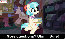 Size: 1600x973 | Tagged: safe, coco pommel, earth pony, pony, comic:celestia's servant interview, g4, book, bulletin board, caption, cs captions, fabric, female, interview, mannequin, mare, solo