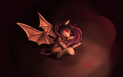 Size: 1920x1200 | Tagged: safe, artist:miokomata, fluttershy, bat pony, pony, g4, 2015, female, flutterbat, glowing eyes, halloween, looking at you, quickie, red eyes, signature, solo, speedpaint, theme