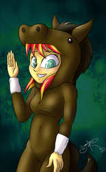 Size: 2065x3338 | Tagged: safe, artist:jorobro, sunset shimmer, horse, equestria girls, g4, animal costume, clothes, costume, female, heart eyes, high res, solo, wingding eyes