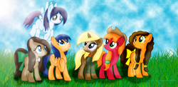 Size: 2910x1424 | Tagged: safe, artist:t-mack56, big macintosh, cheese sandwich, doctor whooves, flash sentry, soarin', time turner, trenderhoof, earth pony, pony, g4, base used, flare warden, glide, grilled cheese (r63), macareina, missing cutie mark, rule 63, tail bow, trend setter