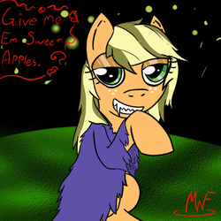 Size: 540x540 | Tagged: safe, artist:mysterywhiteflame, applejack, vampire, g4, fangs, ripped dress, talking to viewer