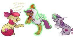 Size: 956x491 | Tagged: safe, artist:avzart, apple bloom, scootaloo, sweetie belle, earth pony, pegasus, pony, unicorn, crusaders of the lost mark, g4, angry, clothes, costume, cross-popping veins, cutie mark, cutie mark crusaders, dialogue, female, filly, foal, glowing, glowing horn, horn, magic, magic aura, scootachicken, scootaloo is not amused, simple background, sweetie belle's magic brings a great big smile, the cmc's cutie marks, transparent background, trio