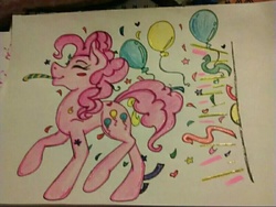Size: 800x601 | Tagged: safe, artist:hero-hirro, artist:squadleader, pinkie pie, earth pony, pony, g4, balloon, eyes closed, female, mare, smiling, solo, traditional art