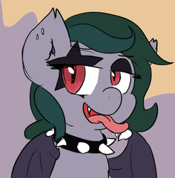 Size: 1211x1233 | Tagged: safe, artist:candel, oc, oc only, oc:milkshake honeymoon, bat pony, pony, looking at you, makeup, solo, tongue out