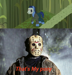 Size: 977x1024 | Tagged: safe, edit, edited screencap, screencap, grayson eddy, earth pony, pony, g4, scare master, season 5, background pony, clothes, corn maze, costume, friday the 13th, jason voorhees, male, mask, meme, nightmare night, reference, stallion, that's my pony, that's my x