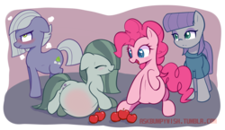 Size: 2545x1477 | Tagged: safe, artist:bumpywish, limestone pie, marble pie, maud pie, pinkie pie, earth pony, pony, g4, hearthbreakers, apple, belly, big belly, blushing, cute, explicit source, female, heart eyes, mare, pie sisters, preggy pie, pregnant, pregnant limestone, wingding eyes