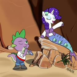 Size: 1000x1000 | Tagged: safe, artist:jazzytyfighter, rarity, spike, dragon, mermaid, pony, unicorn, g4, scare master, ariel, baby, baby dragon, clothes, costume, crossover, cute, disney, dress, female, flute, male, mare, mermarity, midriff, musical instrument, nightmare night, nightmare night costume, prince eric, rarity's mermaid dress, rock, ship:sparity, shipping, shoes, signature, singing, spikabetes, straight, the little mermaid
