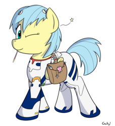 Size: 1435x1575 | Tagged: safe, artist:rapidstrike, fluttershy, pegasus, pony, g4, clothes, cosplay, costume, crossover, female, mare, naruto, neon genesis evangelion, otaku, otakushy, plugsuit, pocky, pokémon, rei ayanami, saddle bag, simple background, solo, transparent background, wink