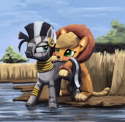 Size: 1111x1080 | Tagged: safe, artist:bakuel, applejack, zecora, earth pony, pony, zebra, g4, scare master, africa, applelion, blushing, clothes, costume, cute, dreamworks, drinking, female, jackabetes, looking at each other, madagascar (dreamworks), movie reference, nightmare night costume, river, savanna, smiling, unamused, water, watering hole, zecora is not amused, zecorable