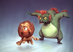 Size: 1920x1360 | Tagged: safe, artist:assasinmonkey, applejack, harry, bear, pony, g4, scare master, applelion, chase, clothes, costume, cowardly lion, drool, harry the swamp monster, nightmare night, nightmare night costume, open mouth, paw pads, running, scared, scene interpretation
