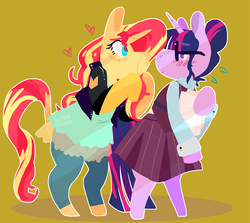 Size: 1000x893 | Tagged: safe, artist:stevetwisp, sci-twi, sunset shimmer, twilight sparkle, pony, unicorn, equestria girls, g4, my little pony equestria girls: friendship games, bipedal, blushing, clothes, cute, equestria girls ponified, female, glasses, heart, lesbian, ponified, ship:sci-twishimmer, ship:sunsetsparkle, shipping, unicorn sci-twi