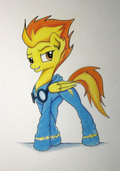 Size: 2212x3141 | Tagged: safe, artist:pajaga, spitfire, g4, female, goggles, grin, high res, simple background, solo, traditional art, wonderbolts uniform